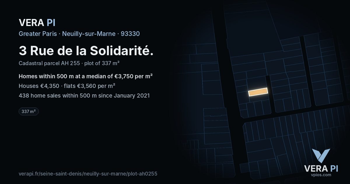 3 Rue de la Solidarité, Neuilly-sur-Marne at night – the plot lit, the parcels around coloured by the prices near them