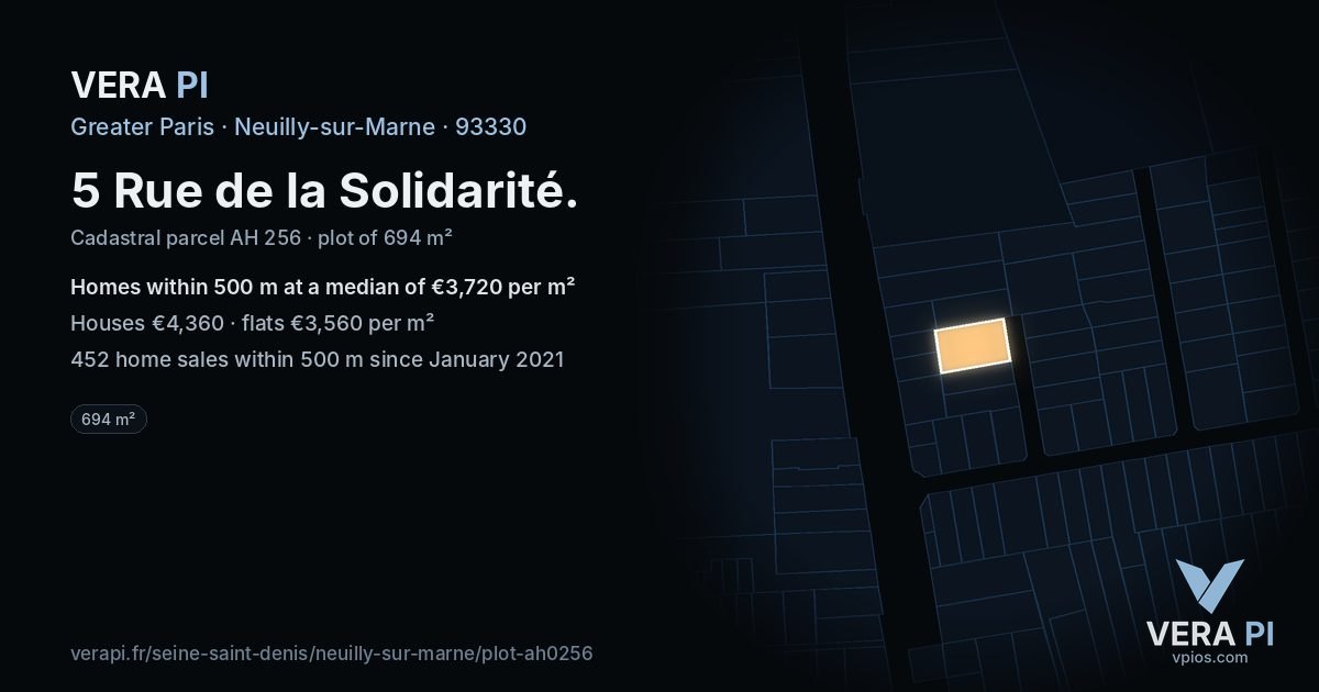 5 Rue de la Solidarité, Neuilly-sur-Marne at night – the plot lit, the parcels around coloured by the prices near them