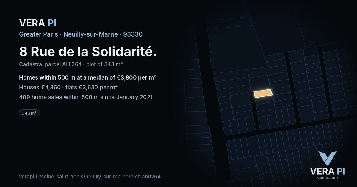 8 Rue de la Solidarité, Neuilly-sur-Marne at night – the plot lit, the parcels around coloured by the prices near them