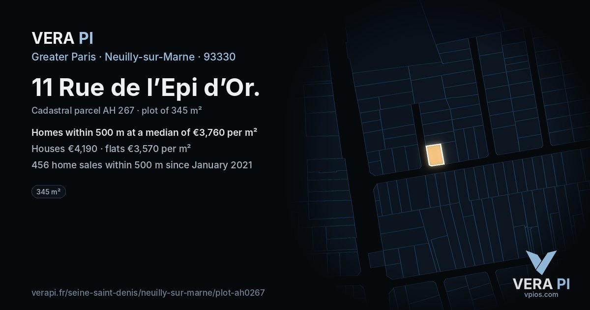 11 Rue de l’Epi d’Or, Neuilly-sur-Marne at night – the plot lit, the parcels around coloured by the prices near them