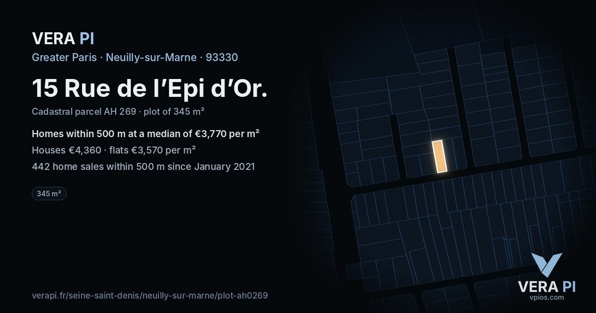 15 Rue de l’Epi d’Or, Neuilly-sur-Marne at night – the plot lit, the parcels around coloured by the prices near them