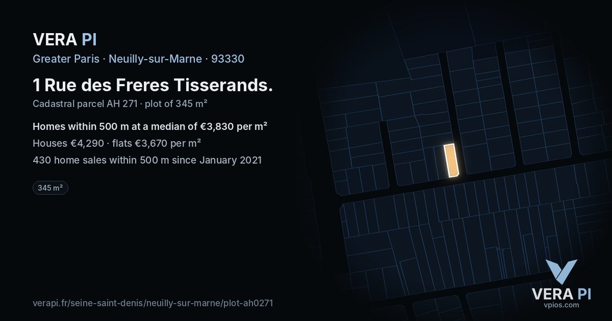 1 Rue des Freres Tisserands, Neuilly-sur-Marne at night – the plot lit, the parcels around coloured by the prices near them