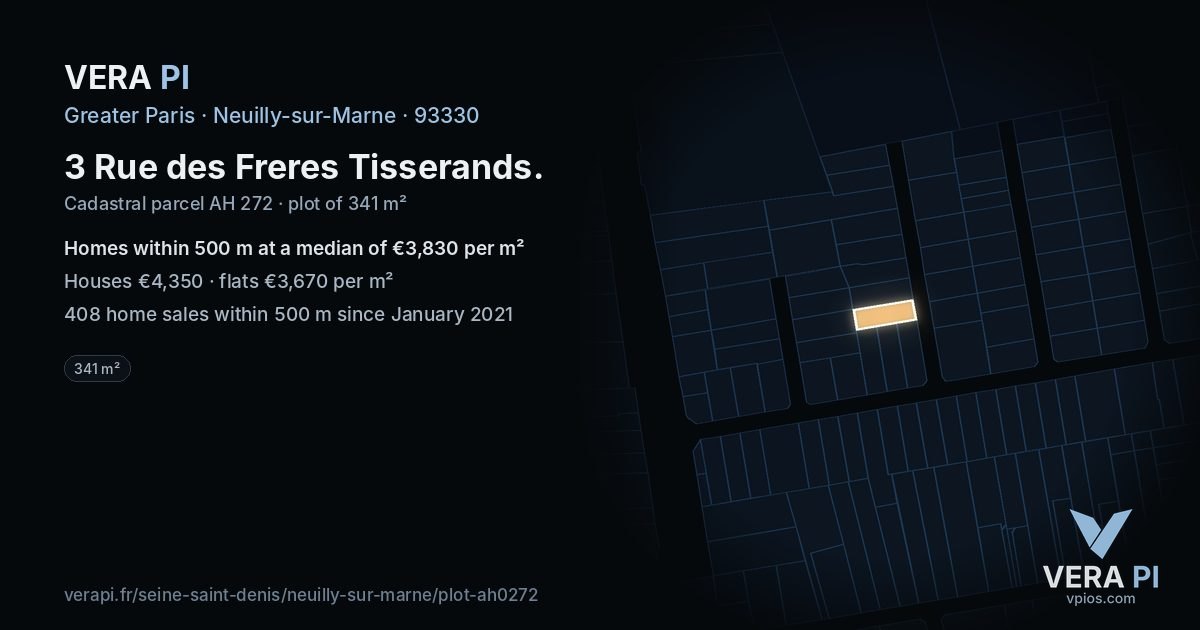 3 Rue des Freres Tisserands, Neuilly-sur-Marne at night – the plot lit, the parcels around coloured by the prices near them