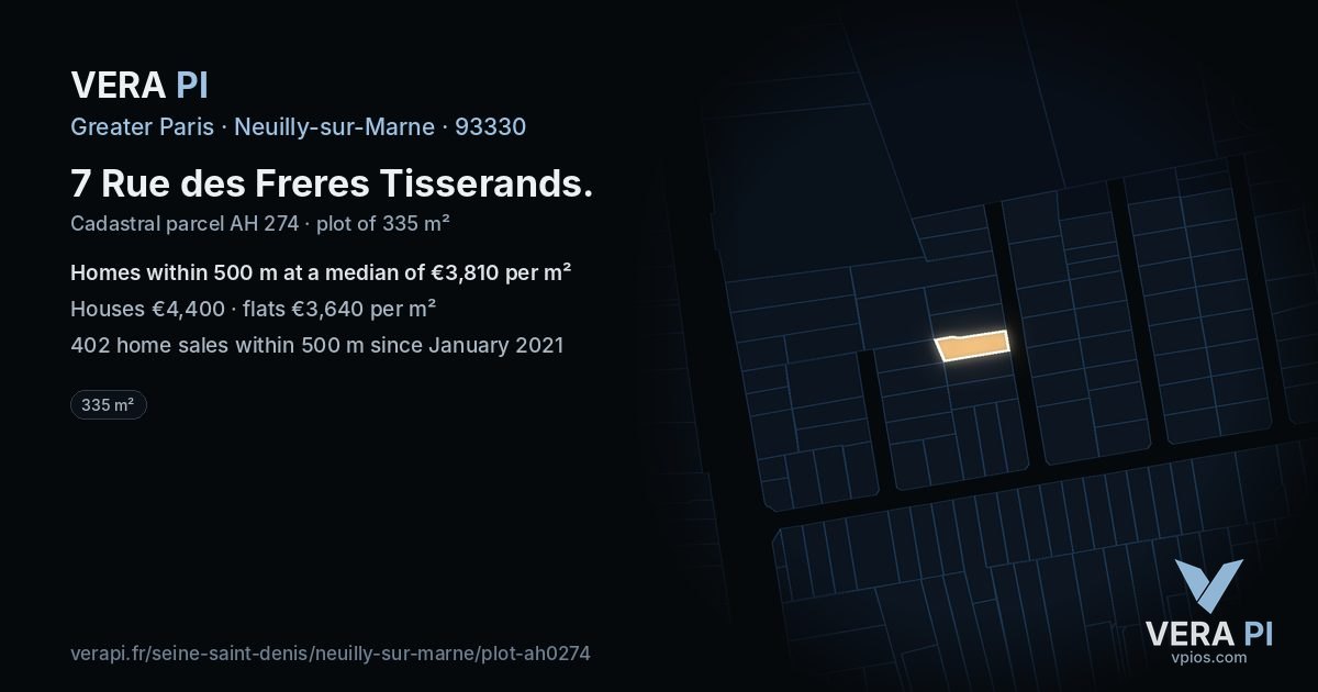 7 Rue des Freres Tisserands, Neuilly-sur-Marne at night – the plot lit, the parcels around coloured by the prices near them