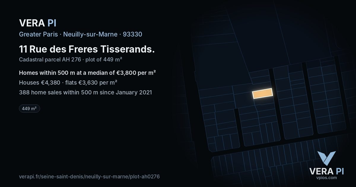 11 Rue des Freres Tisserands, Neuilly-sur-Marne at night – the plot lit, the parcels around coloured by the prices near them