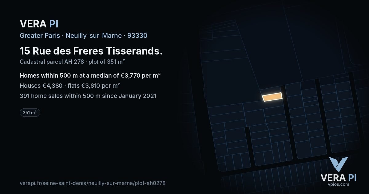 15 Rue des Freres Tisserands, Neuilly-sur-Marne at night – the plot lit, the parcels around coloured by the prices near them