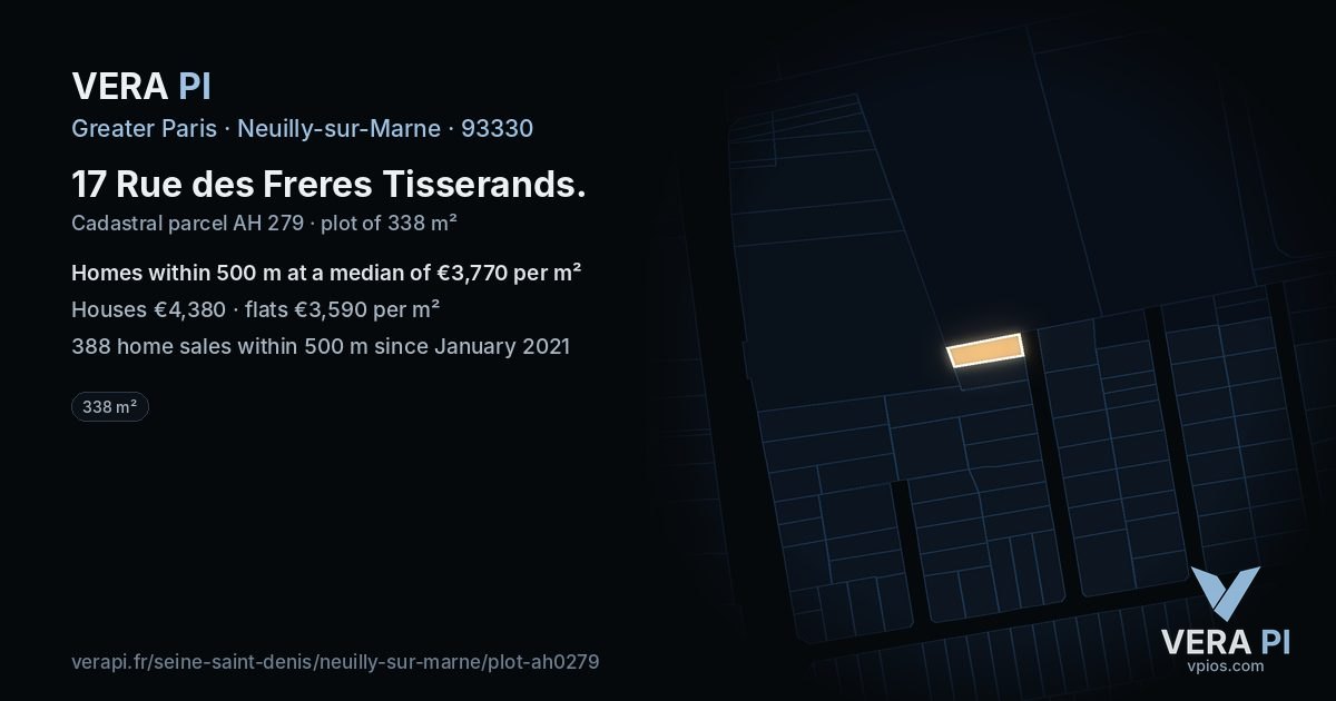 17 Rue des Freres Tisserands, Neuilly-sur-Marne at night – the plot lit, the parcels around coloured by the prices near them