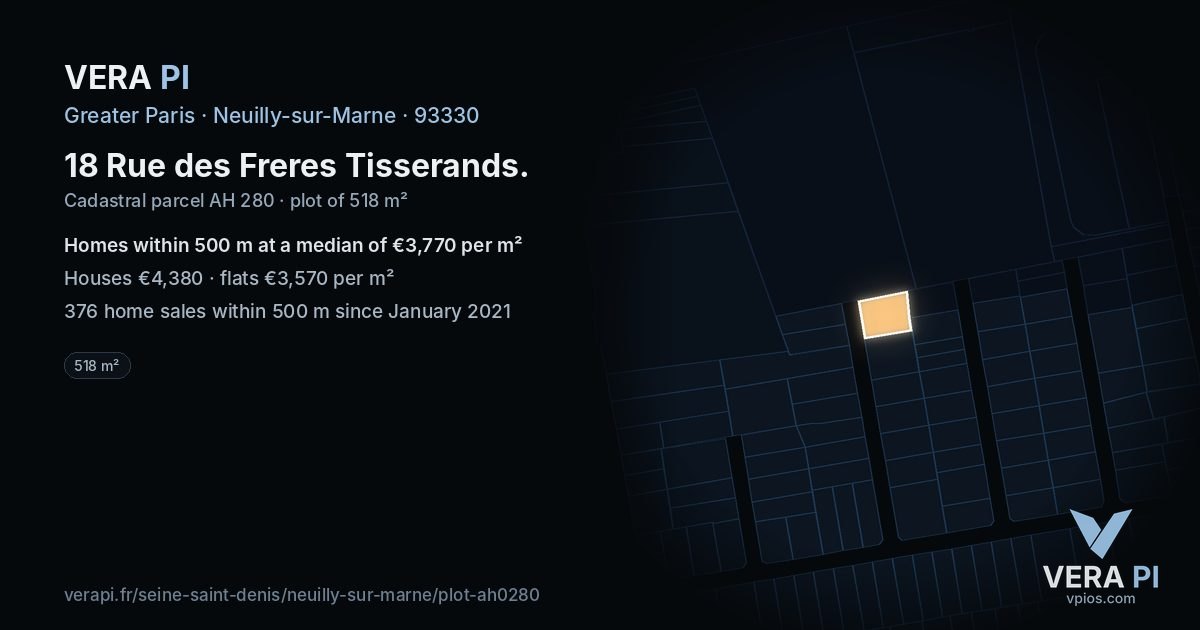 18 Rue des Freres Tisserands, Neuilly-sur-Marne at night – the plot lit, the parcels around coloured by the prices near them