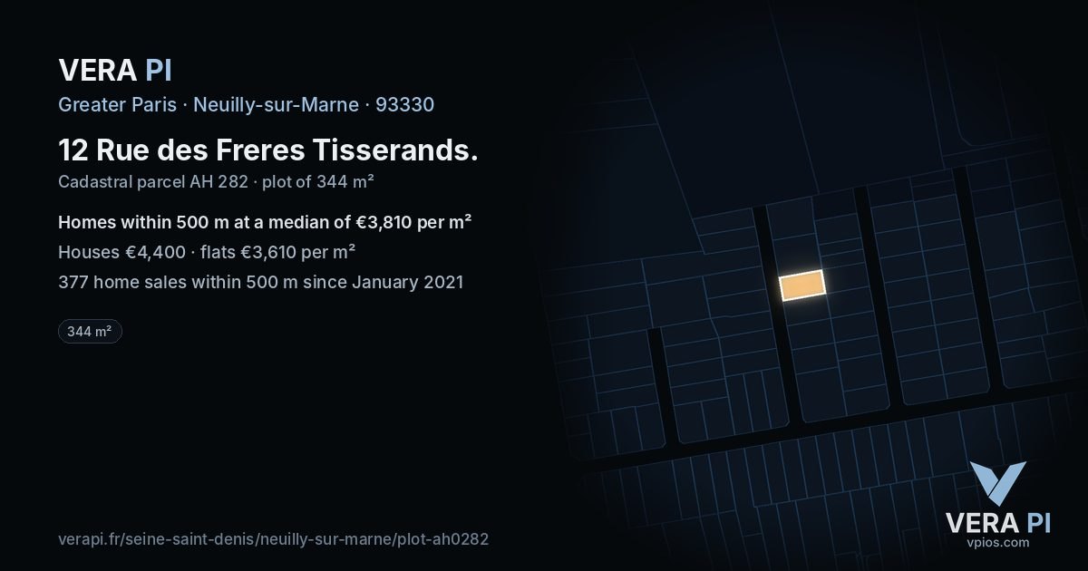 12 Rue des Freres Tisserands, Neuilly-sur-Marne at night – the plot lit, the parcels around coloured by the prices near them