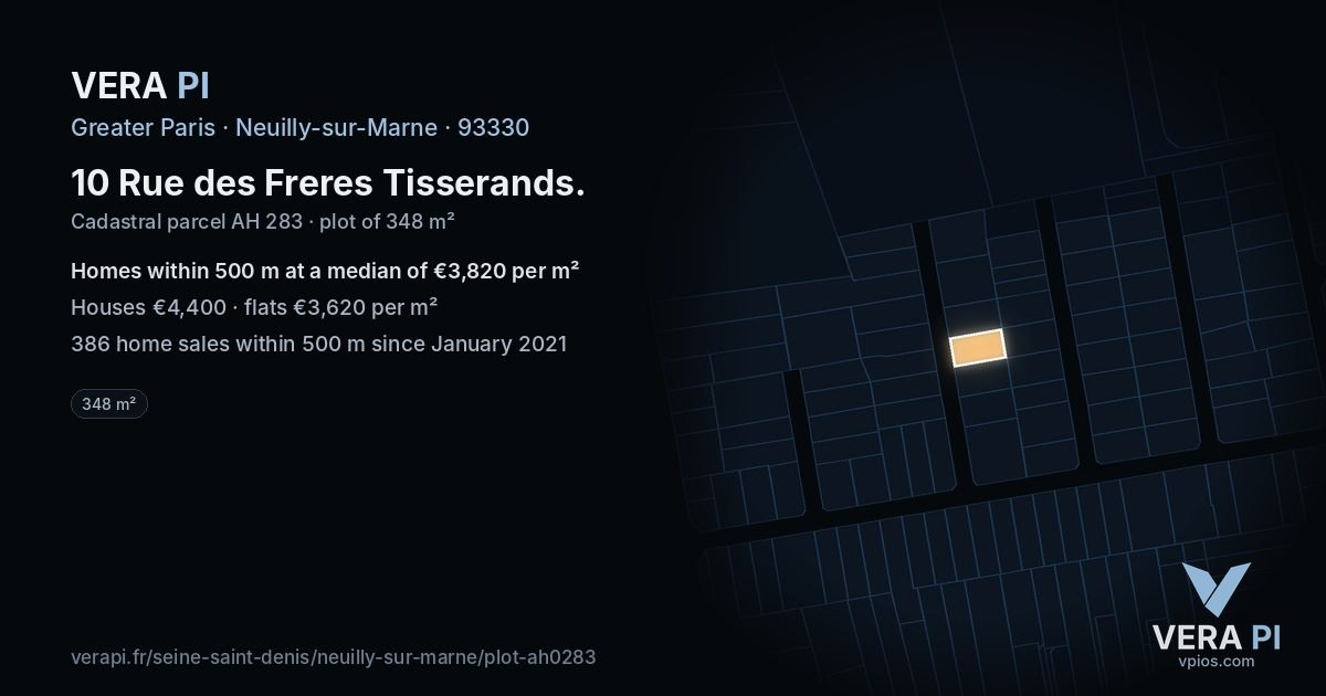 10 Rue des Freres Tisserands, Neuilly-sur-Marne at night – the plot lit, the parcels around coloured by the prices near them