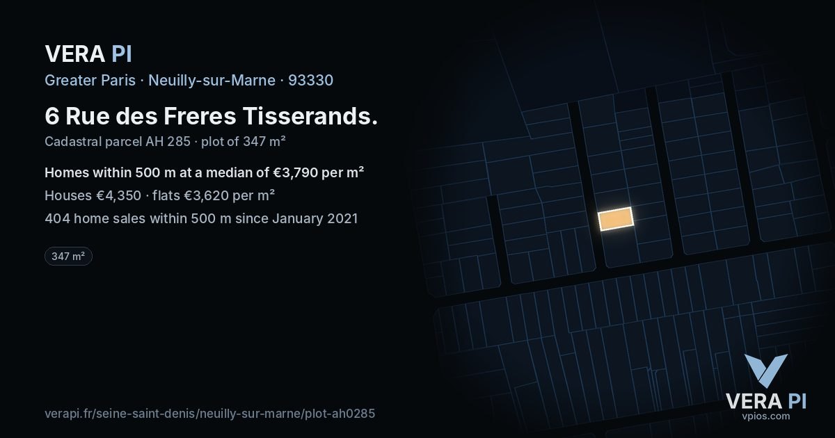 6 Rue des Freres Tisserands, Neuilly-sur-Marne at night – the plot lit, the parcels around coloured by the prices near them
