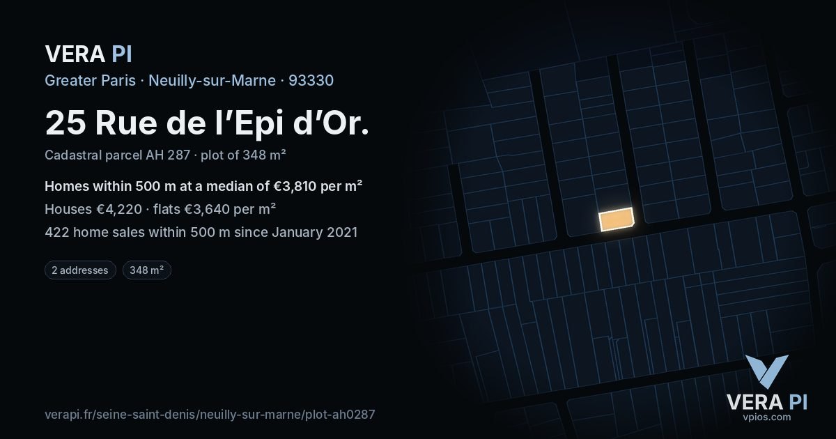 25 Rue de l’Epi d’Or, Neuilly-sur-Marne at night – the plot lit, the parcels around coloured by the prices near them