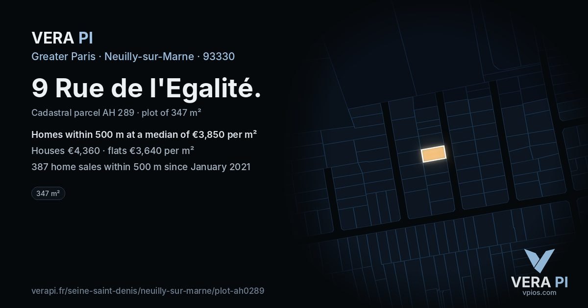 9 Rue de l'Egalité, Neuilly-sur-Marne at night – the plot lit, the parcels around coloured by the prices near them