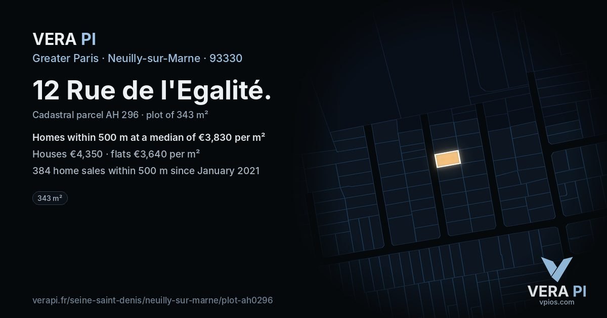 12 Rue de l'Egalité, Neuilly-sur-Marne at night – the plot lit, the parcels around coloured by the prices near them