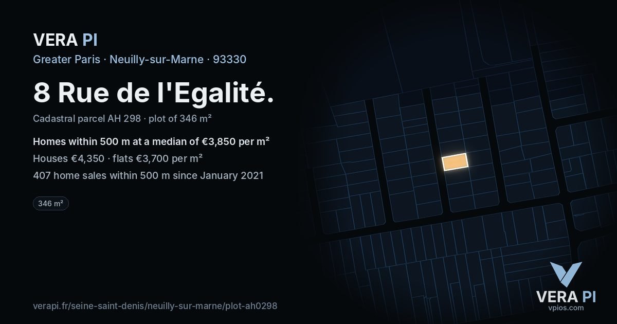 8 Rue de l'Egalité, Neuilly-sur-Marne at night – the plot lit, the parcels around coloured by the prices near them