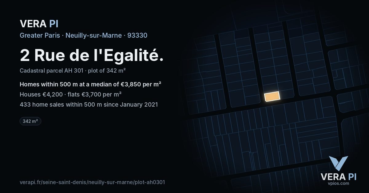 2 Rue de l'Egalité, Neuilly-sur-Marne at night – the plot lit, the parcels around coloured by the prices near them