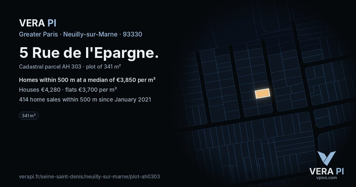 5 Rue de l'Epargne, Neuilly-sur-Marne at night – the plot lit, the parcels around coloured by the prices near them