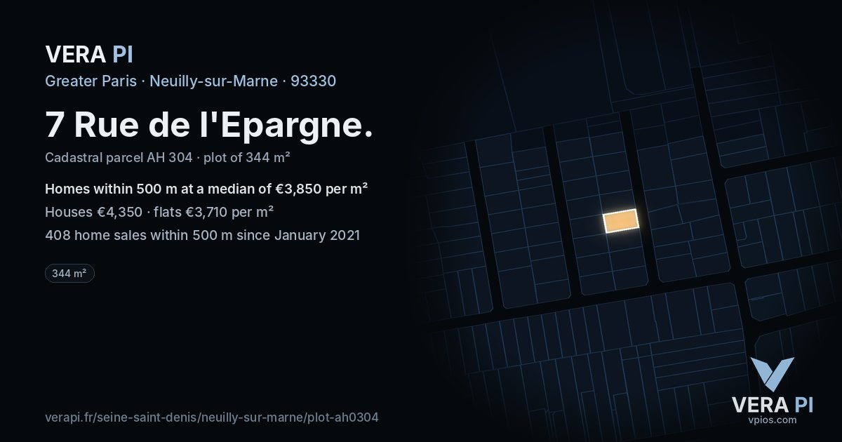 7 Rue de l'Epargne, Neuilly-sur-Marne at night – the plot lit, the parcels around coloured by the prices near them
