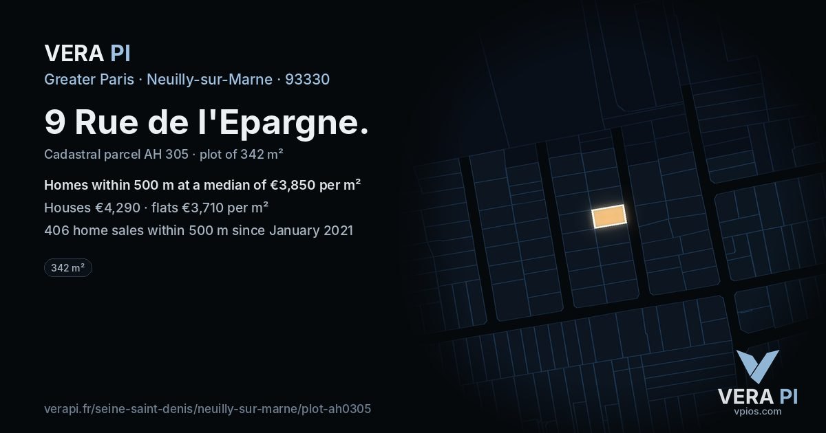 9 Rue de l'Epargne, Neuilly-sur-Marne at night – the plot lit, the parcels around coloured by the prices near them
