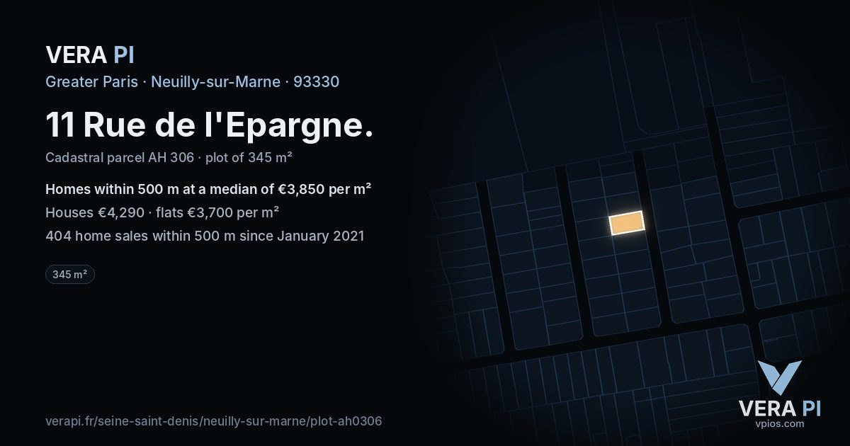 11 Rue de l'Epargne, Neuilly-sur-Marne at night – the plot lit, the parcels around coloured by the prices near them