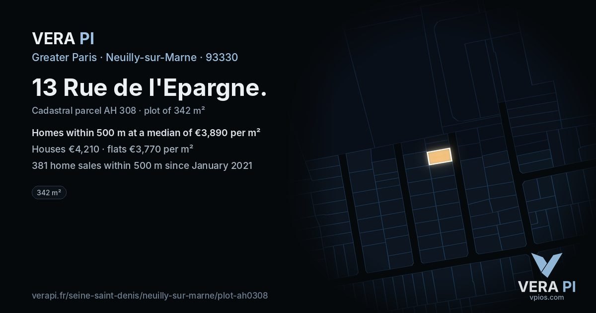 13 Rue de l'Epargne, Neuilly-sur-Marne at night – the plot lit, the parcels around coloured by the prices near them