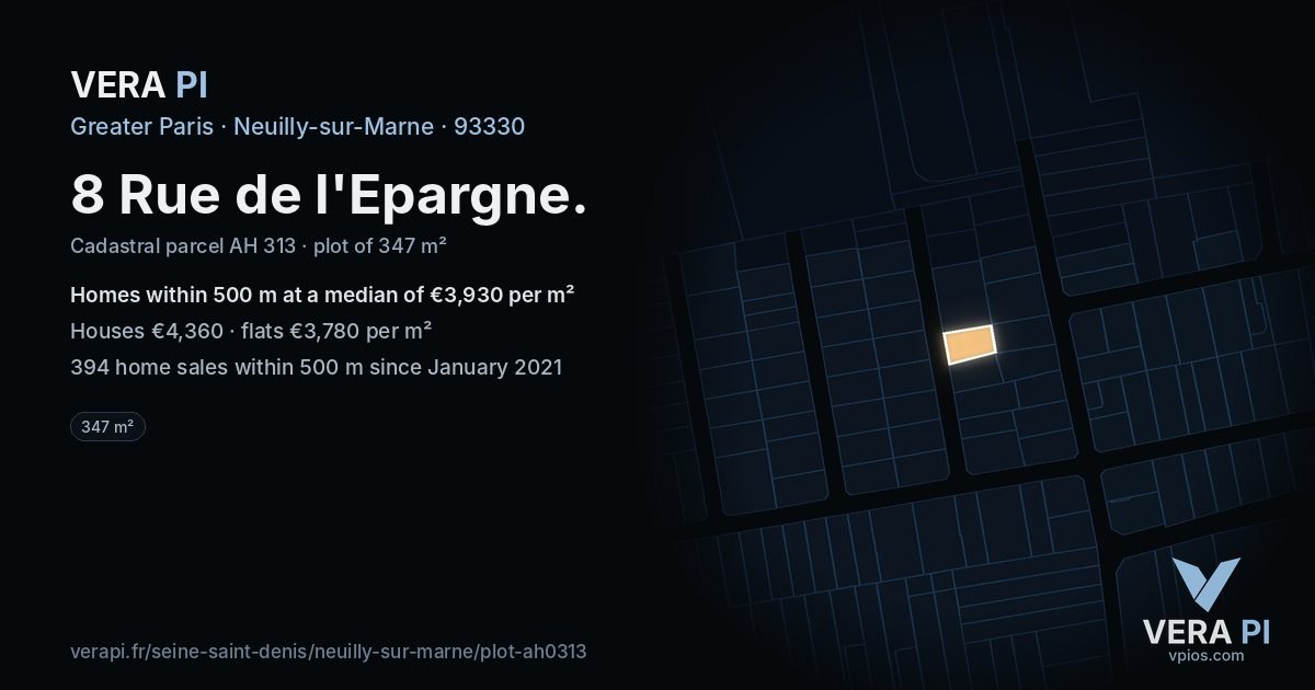 8 Rue de l'Epargne, Neuilly-sur-Marne at night – the plot lit, the parcels around coloured by the prices near them