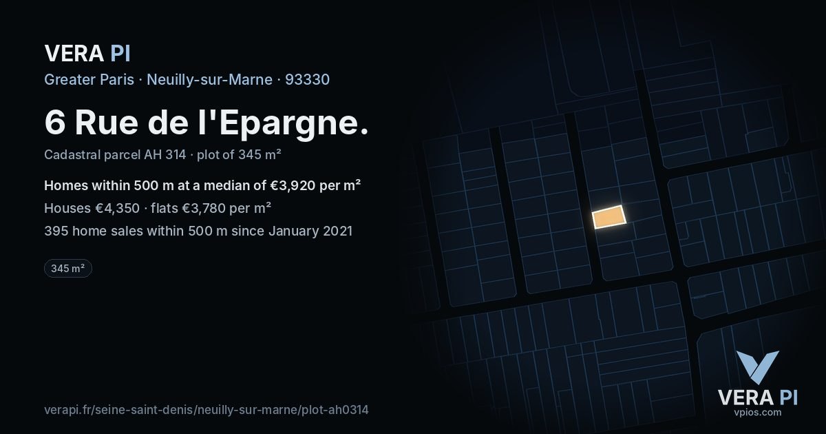 6 Rue de l'Epargne, Neuilly-sur-Marne at night – the plot lit, the parcels around coloured by the prices near them