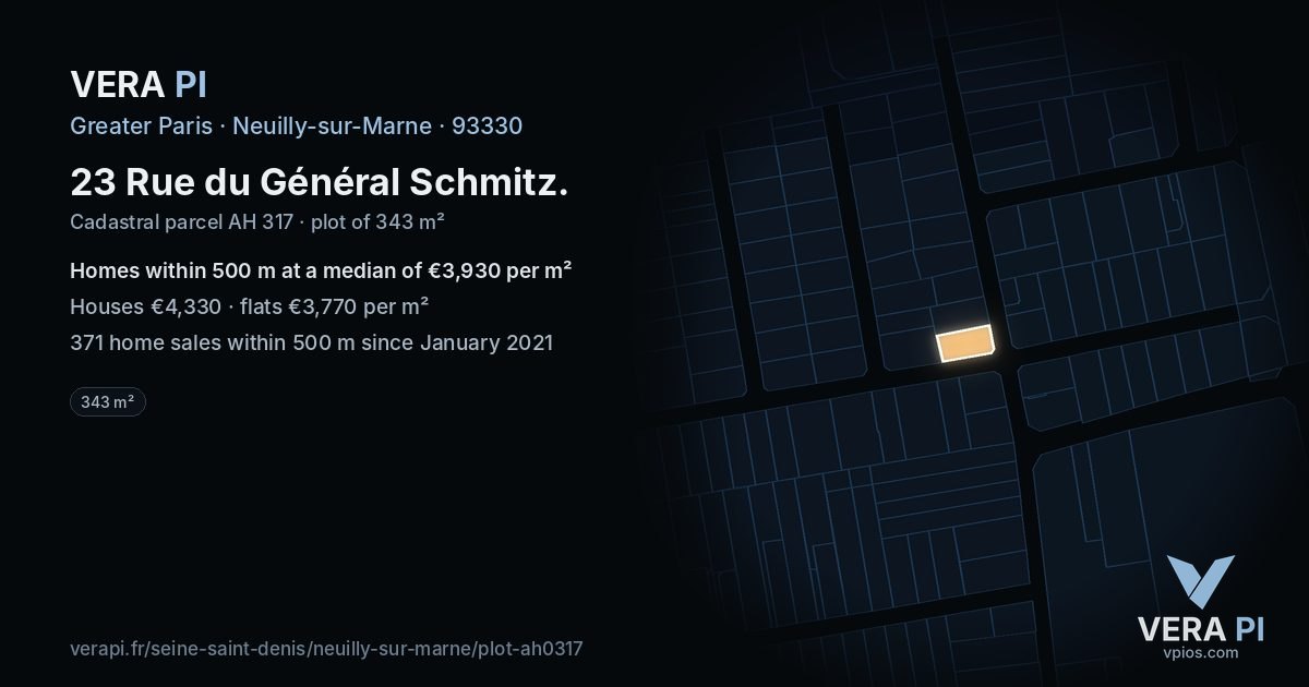 23 Rue du Général Schmitz, Neuilly-sur-Marne at night – the plot lit, the parcels around coloured by the prices near them