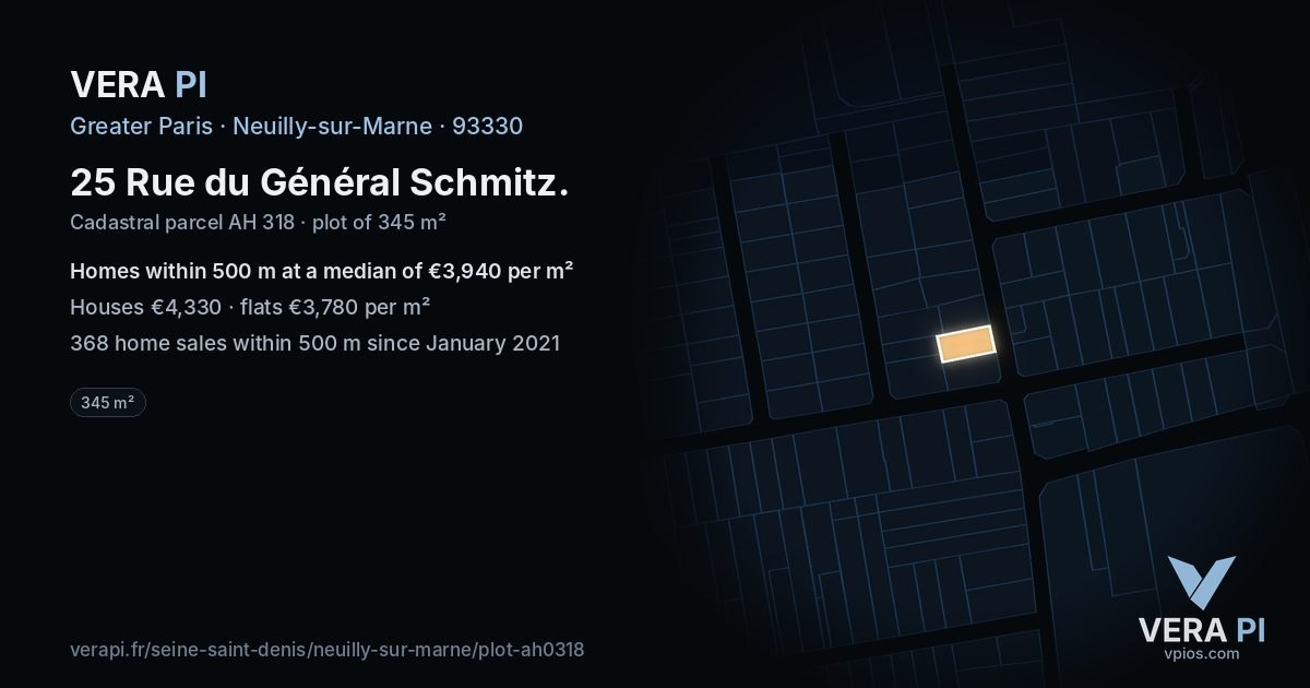 25 Rue du Général Schmitz, Neuilly-sur-Marne at night – the plot lit, the parcels around coloured by the prices near them