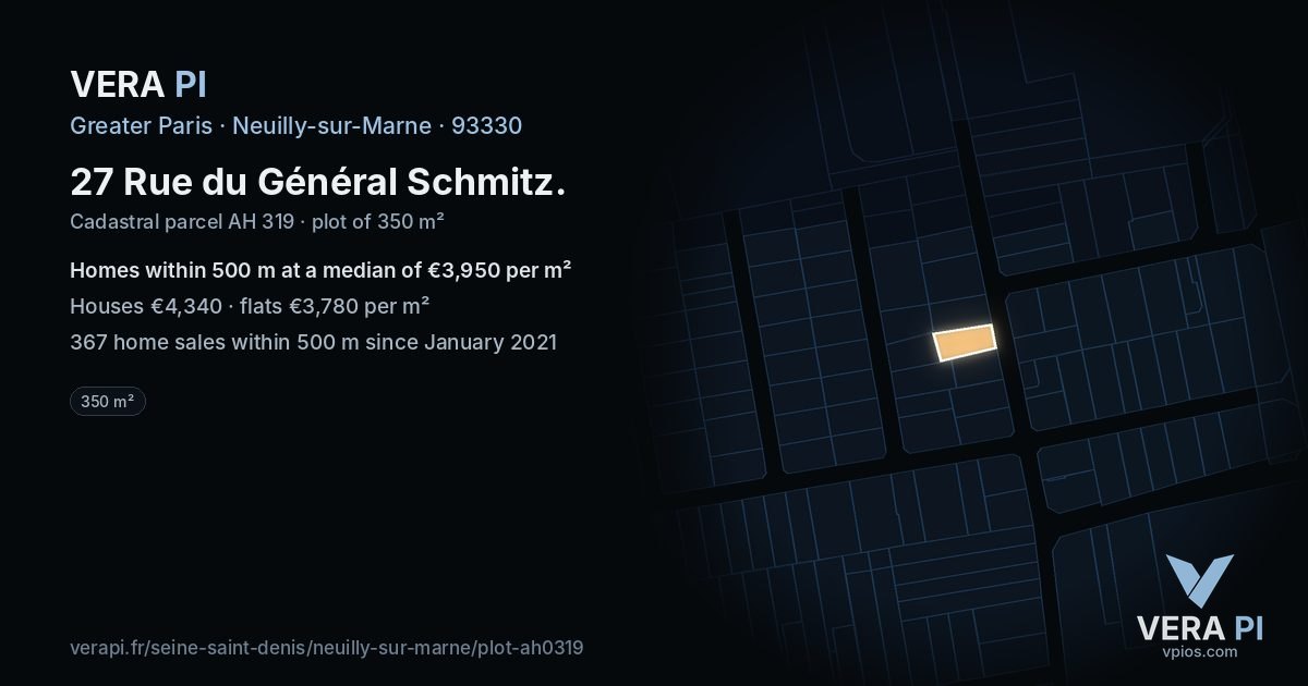 27 Rue du Général Schmitz, Neuilly-sur-Marne at night – the plot lit, the parcels around coloured by the prices near them