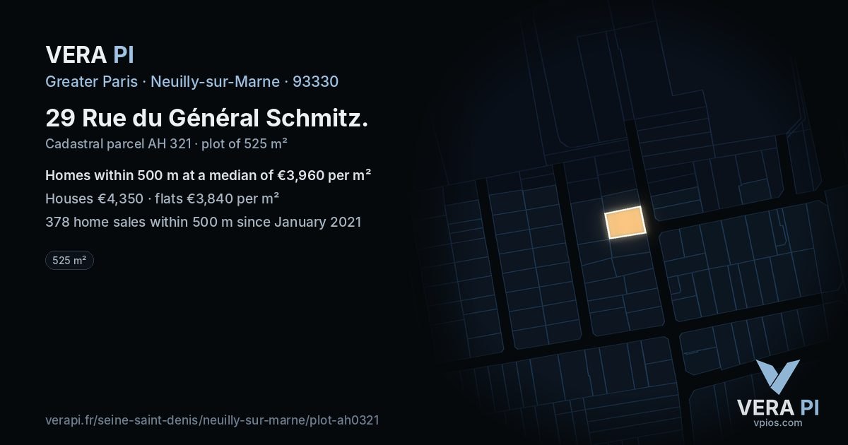 29 Rue du Général Schmitz, Neuilly-sur-Marne at night – the plot lit, the parcels around coloured by the prices near them