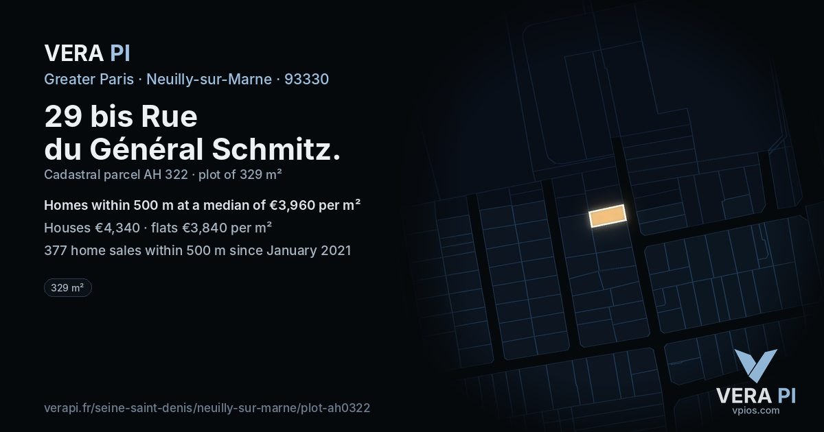 29 bis Rue du Général Schmitz, Neuilly-sur-Marne at night – the plot lit, the parcels around coloured by the prices near them