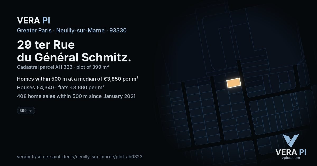29 ter Rue du Général Schmitz, Neuilly-sur-Marne at night – the plot lit, the parcels around coloured by the prices near them