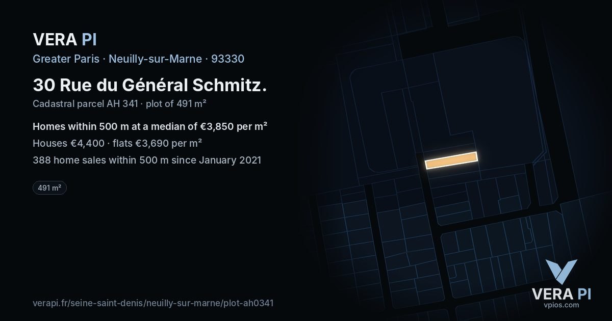 30 Rue du Général Schmitz, Neuilly-sur-Marne at night – the plot lit, the parcels around coloured by the prices near them