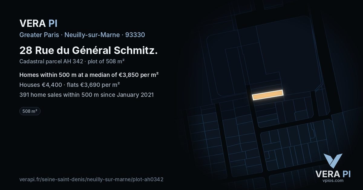 28 Rue du Général Schmitz, Neuilly-sur-Marne at night – the plot lit, the parcels around coloured by the prices near them