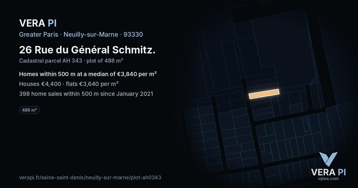 26 Rue du Général Schmitz, Neuilly-sur-Marne at night – the plot lit, the parcels around coloured by the prices near them