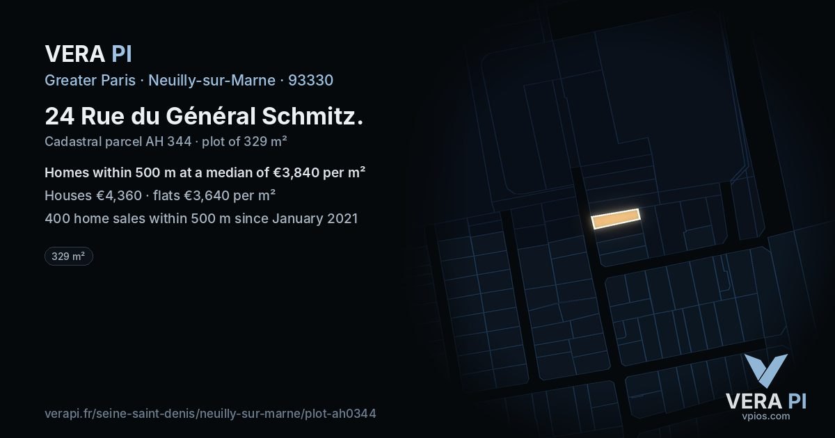 24 Rue du Général Schmitz, Neuilly-sur-Marne at night – the plot lit, the parcels around coloured by the prices near them