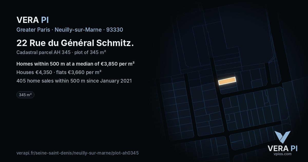 22 Rue du Général Schmitz, Neuilly-sur-Marne at night – the plot lit, the parcels around coloured by the prices near them
