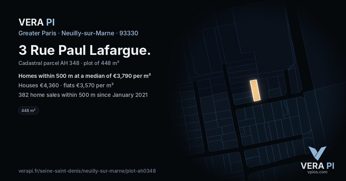 3 Rue Paul Lafargue, Neuilly-sur-Marne at night – the plot lit, the parcels around coloured by the prices near them