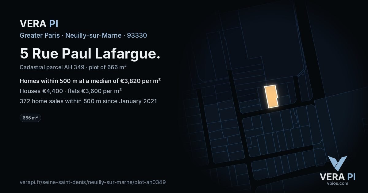 5 Rue Paul Lafargue, Neuilly-sur-Marne at night – the plot lit, the parcels around coloured by the prices near them