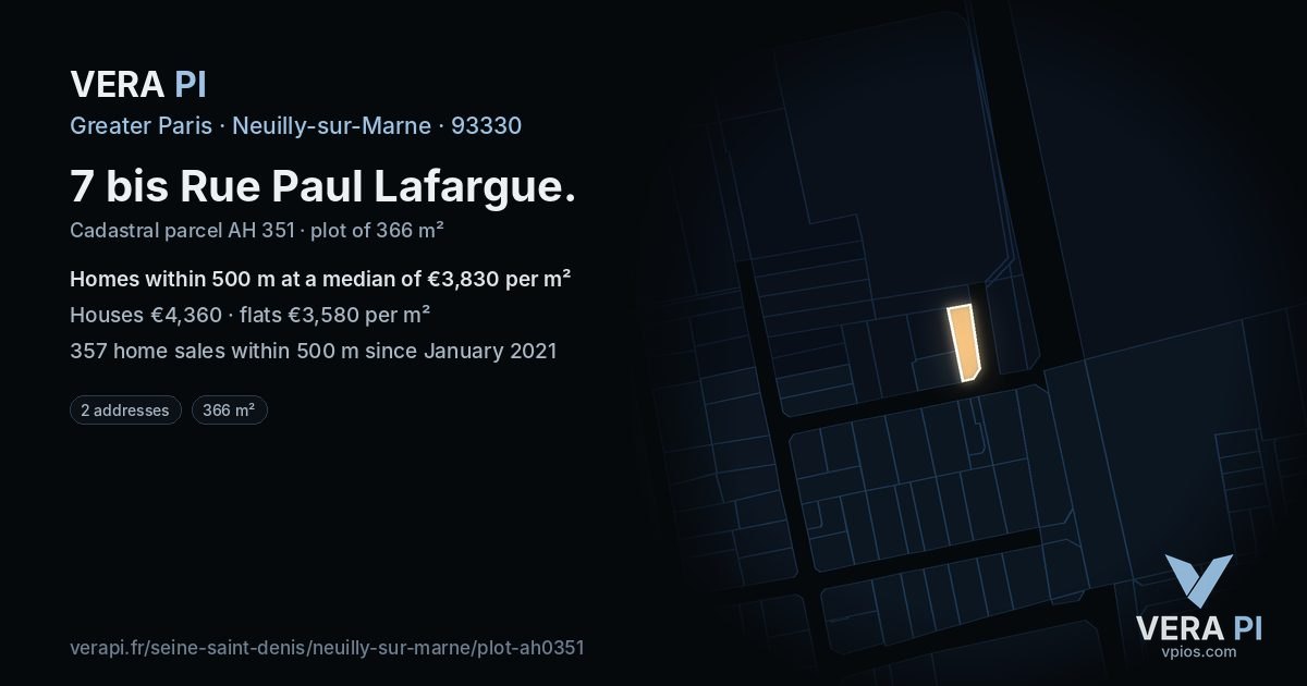 7 bis Rue Paul Lafargue, Neuilly-sur-Marne at night – the plot lit, the parcels around coloured by the prices near them