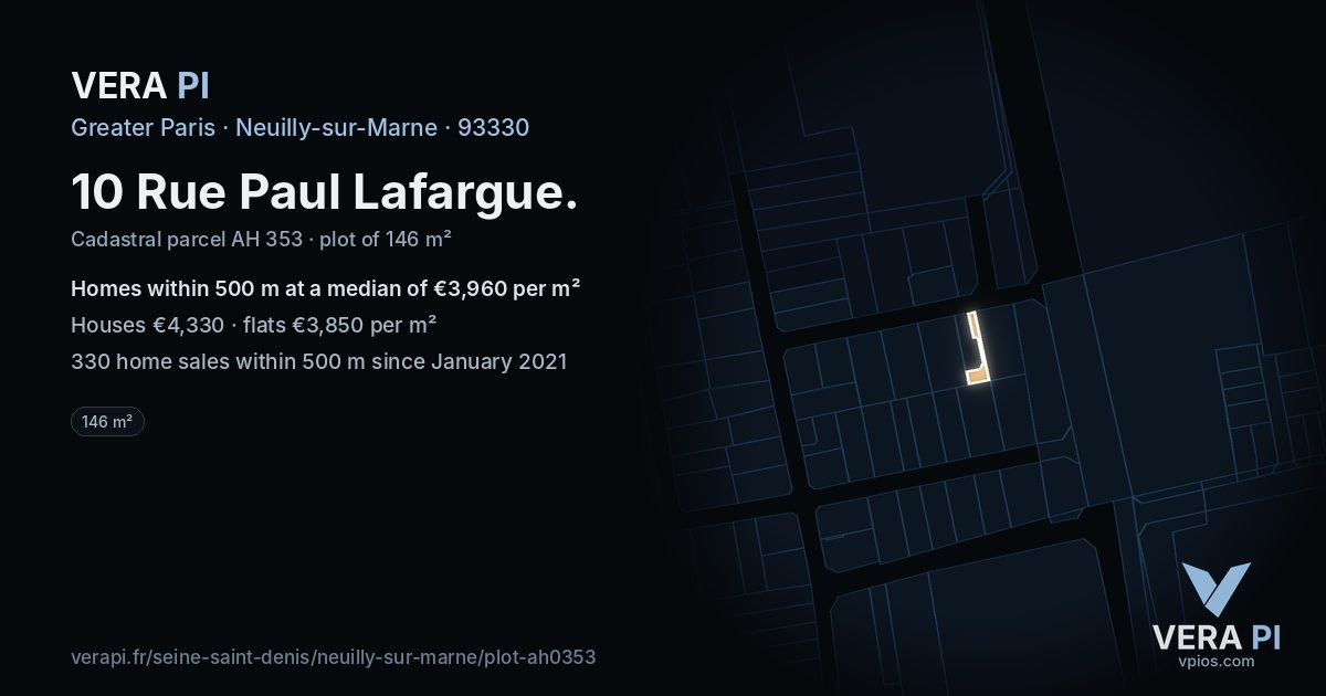 10 Rue Paul Lafargue, Neuilly-sur-Marne at night – the plot lit, the parcels around coloured by the prices near them