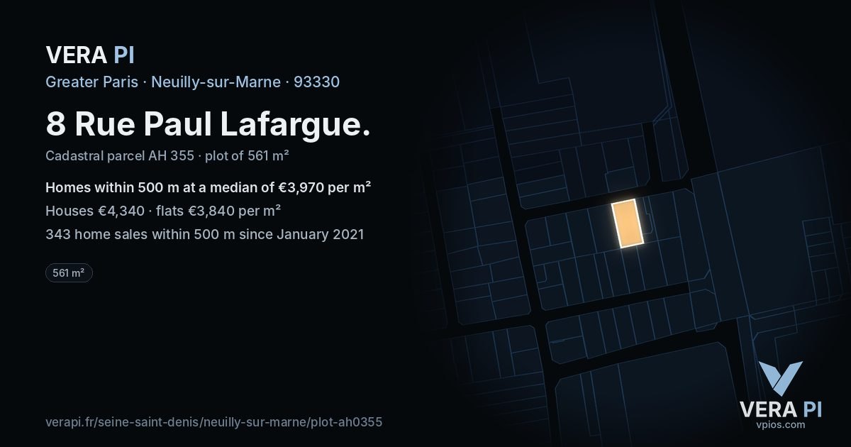 8 Rue Paul Lafargue, Neuilly-sur-Marne at night – the plot lit, the parcels around coloured by the prices near them