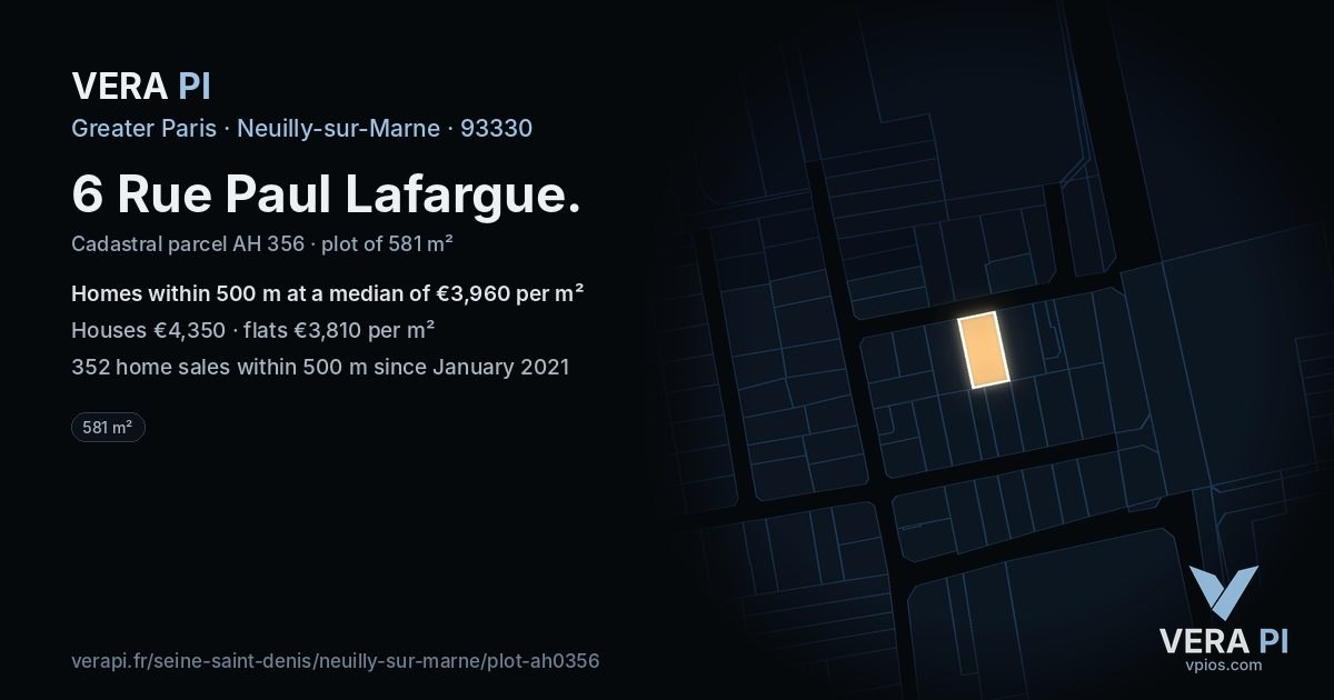 6 Rue Paul Lafargue, Neuilly-sur-Marne at night – the plot lit, the parcels around coloured by the prices near them