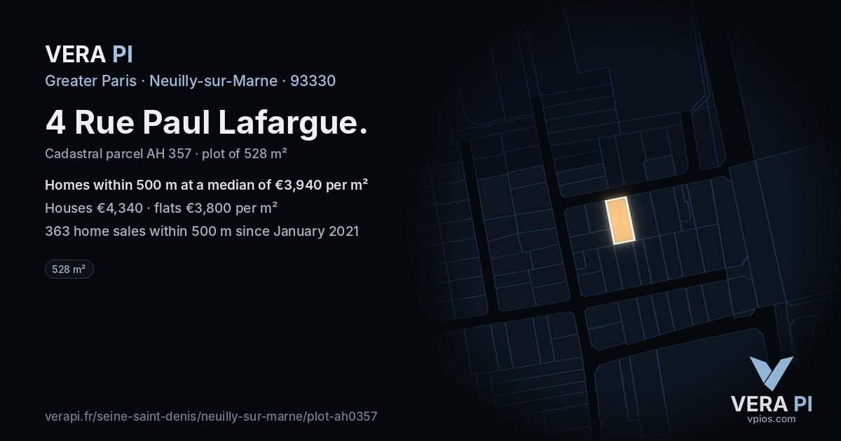 4 Rue Paul Lafargue, Neuilly-sur-Marne at night – the plot lit, the parcels around coloured by the prices near them