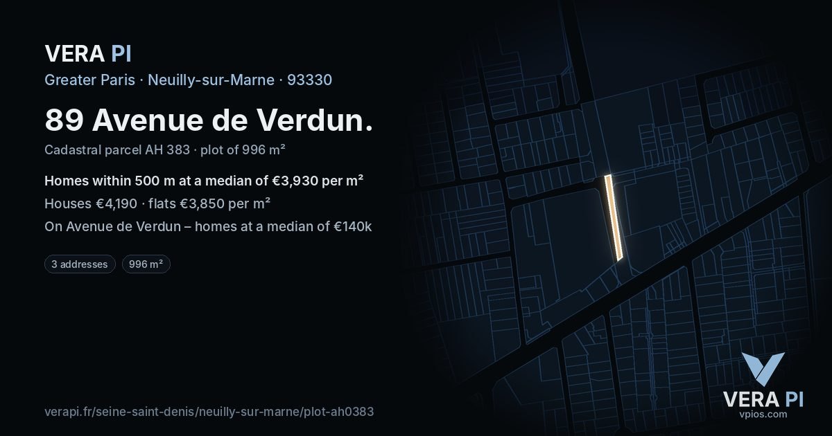 89 Avenue de Verdun, Neuilly-sur-Marne at night – the plot lit, the parcels around coloured by the prices near them