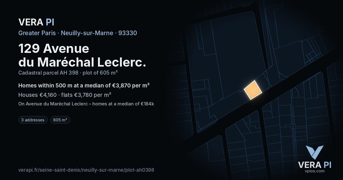 129 Avenue du Maréchal Leclerc, Neuilly-sur-Marne at night – the plot lit, the parcels around coloured by the prices near them