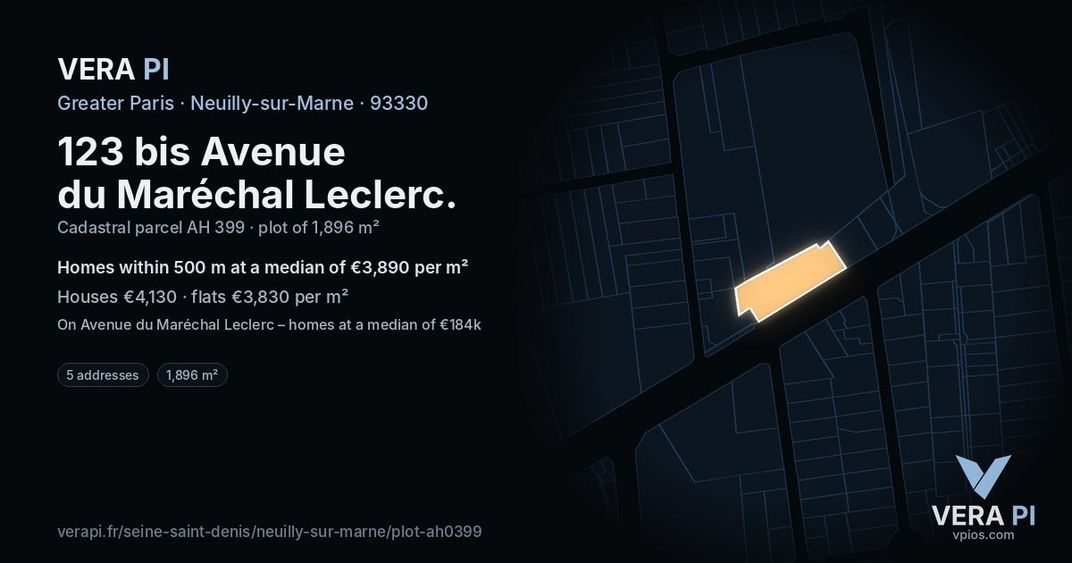 123 bis Avenue du Maréchal Leclerc, Neuilly-sur-Marne at night – the plot lit, the parcels around coloured by the prices near them