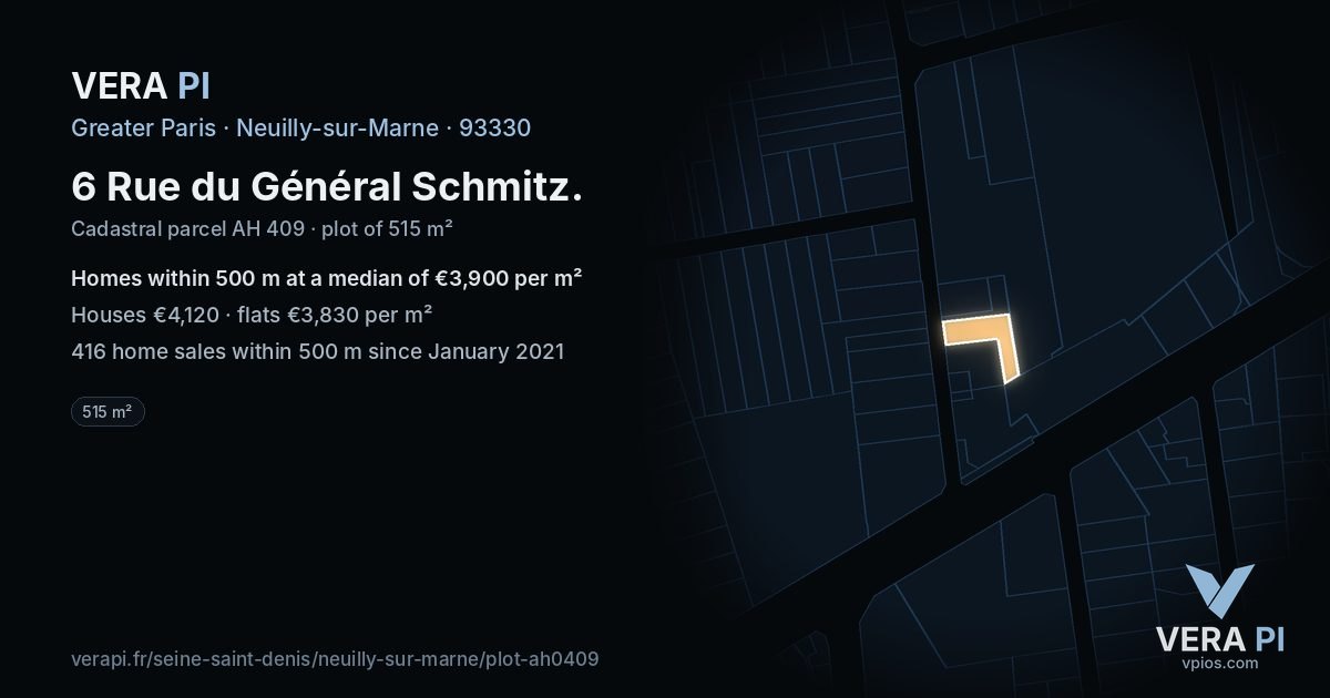 6 Rue du Général Schmitz, Neuilly-sur-Marne at night – the plot lit, the parcels around coloured by the prices near them