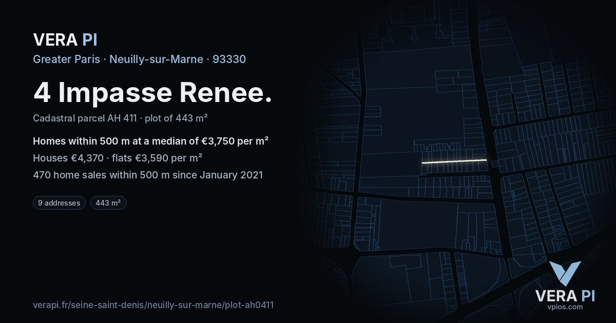 4 Impasse Renee, Neuilly-sur-Marne at night – the plot lit, the parcels around coloured by the prices near them